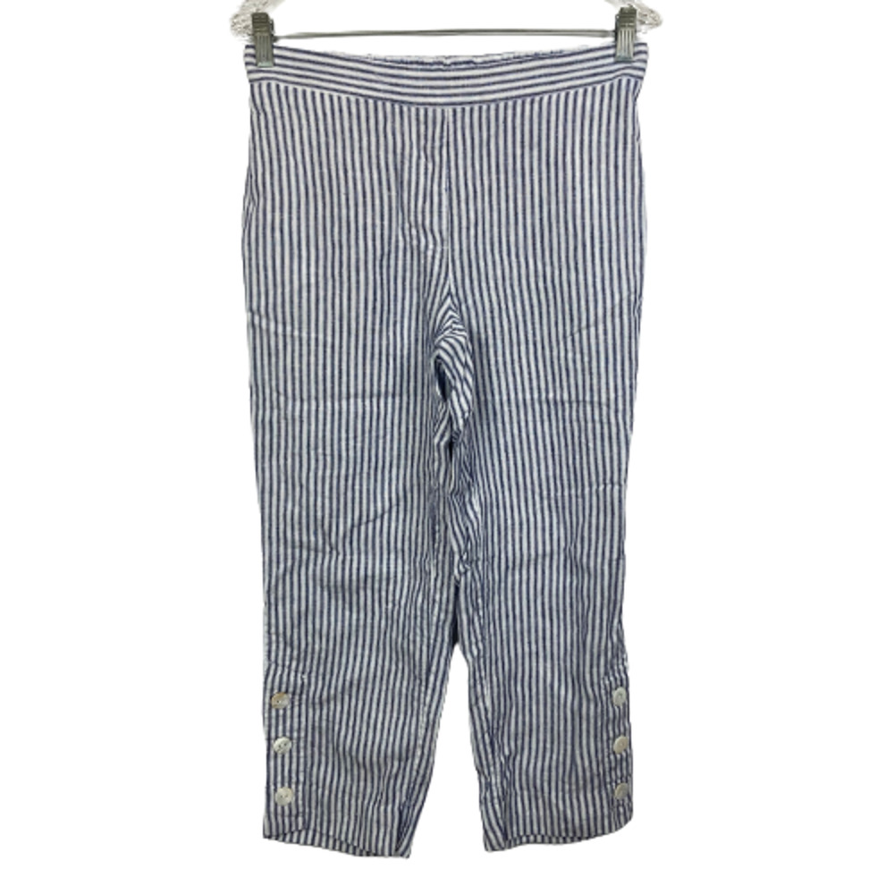 Chicos Pants Women Sz 00 US 2 White Blue Stripe Linen Elastic Waist Pull On Crop